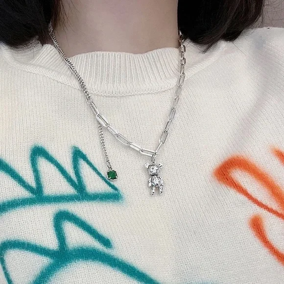 New - Anthropologie Patina Silver Cute Bear Love Peace Heart Necklace - Picture 9 of 15